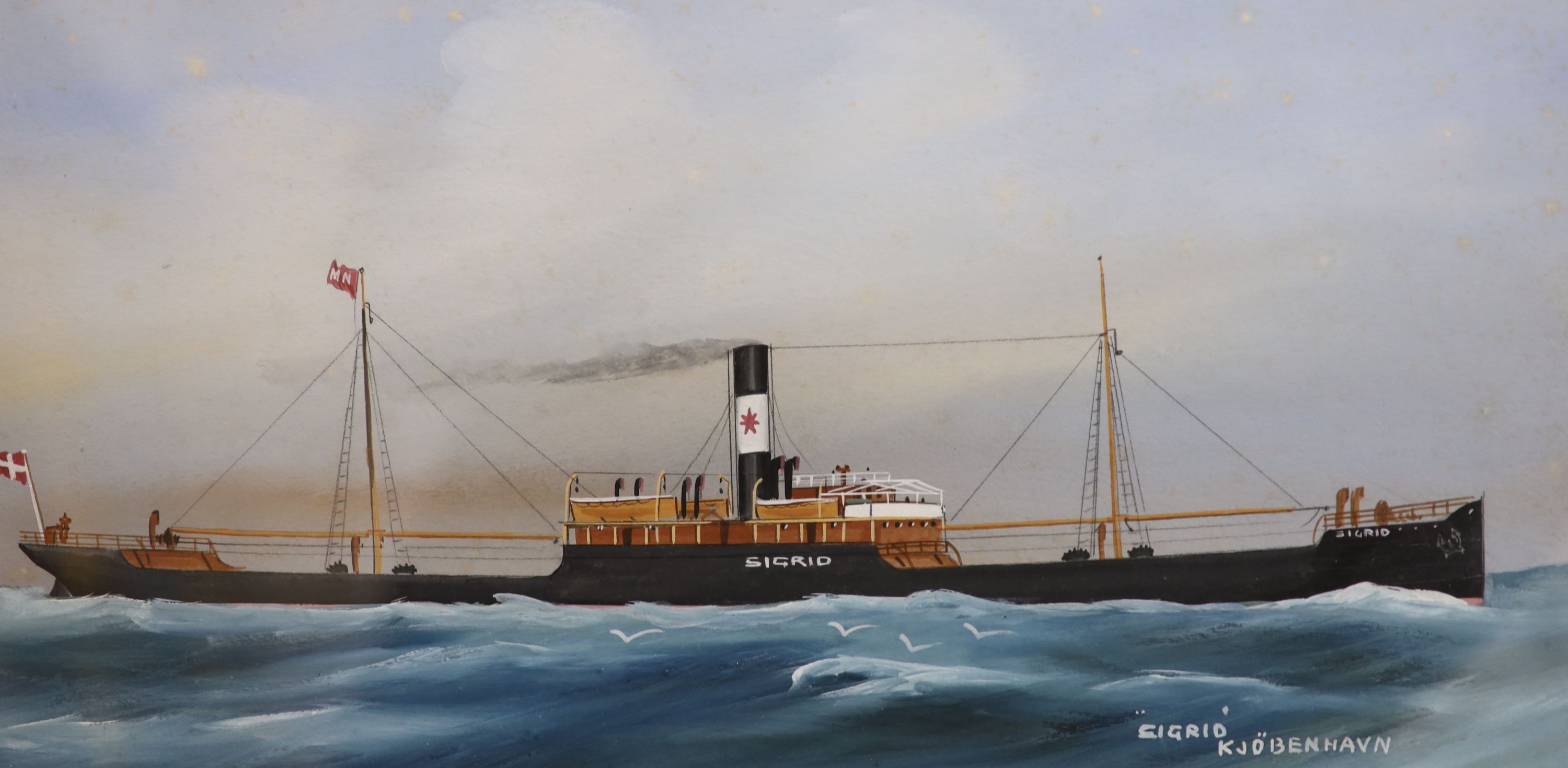 H. Crane, watercolour and gouache, The Danish Steamship, Sigrid, 18 x 35cm, together with five other marine related pictures